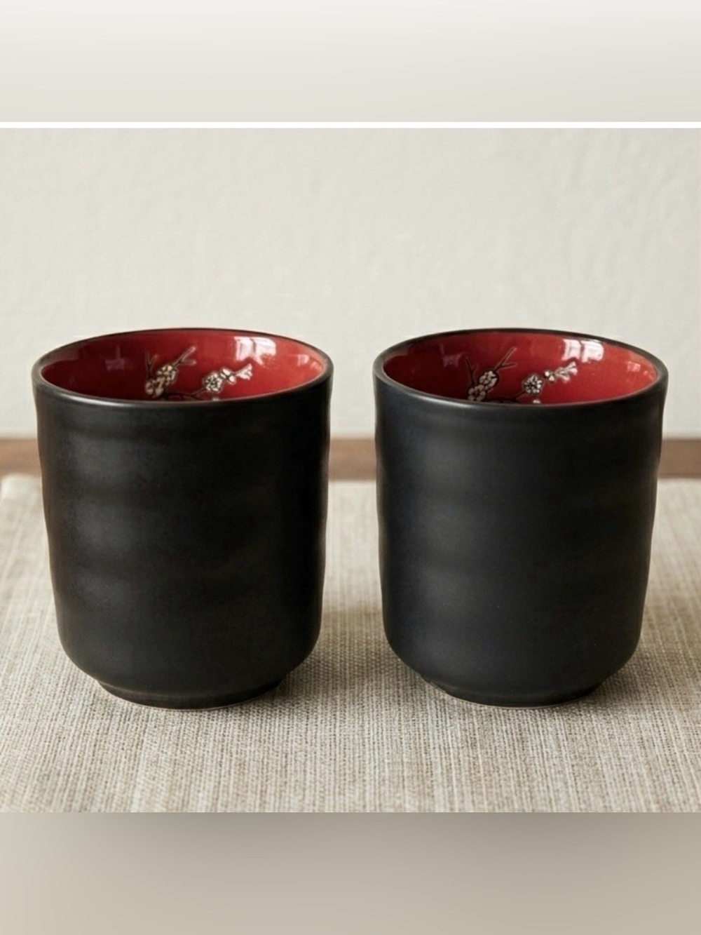 Set of 2 VISUN Sake / Tea Cups Matte Black w/ Glossy Red & Floral Branches NWOT